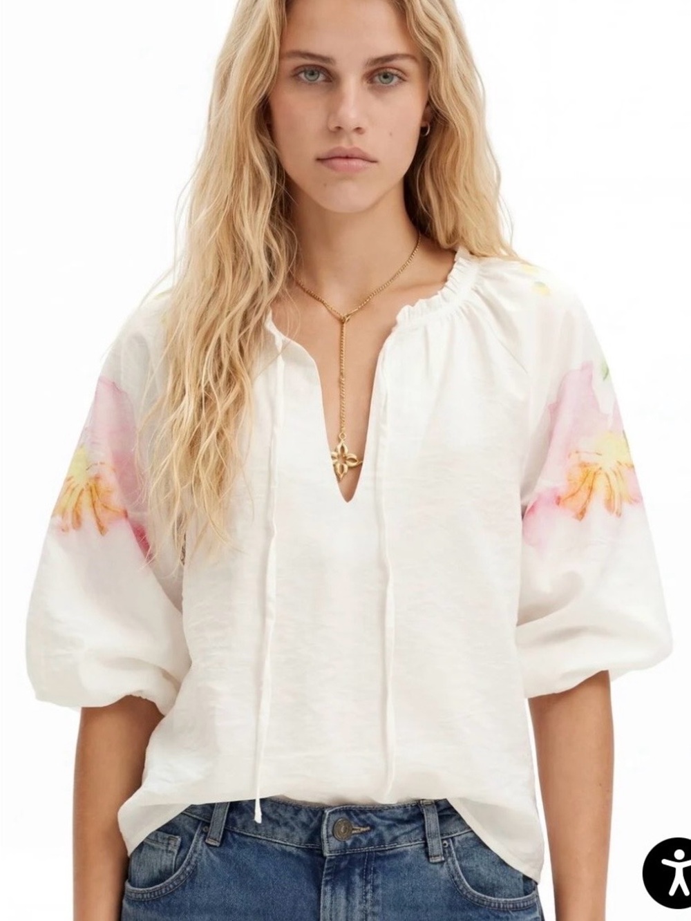 Desigual White Floral Puff-Sleeve Tunic with Pink & Yellow Watercolour Accents